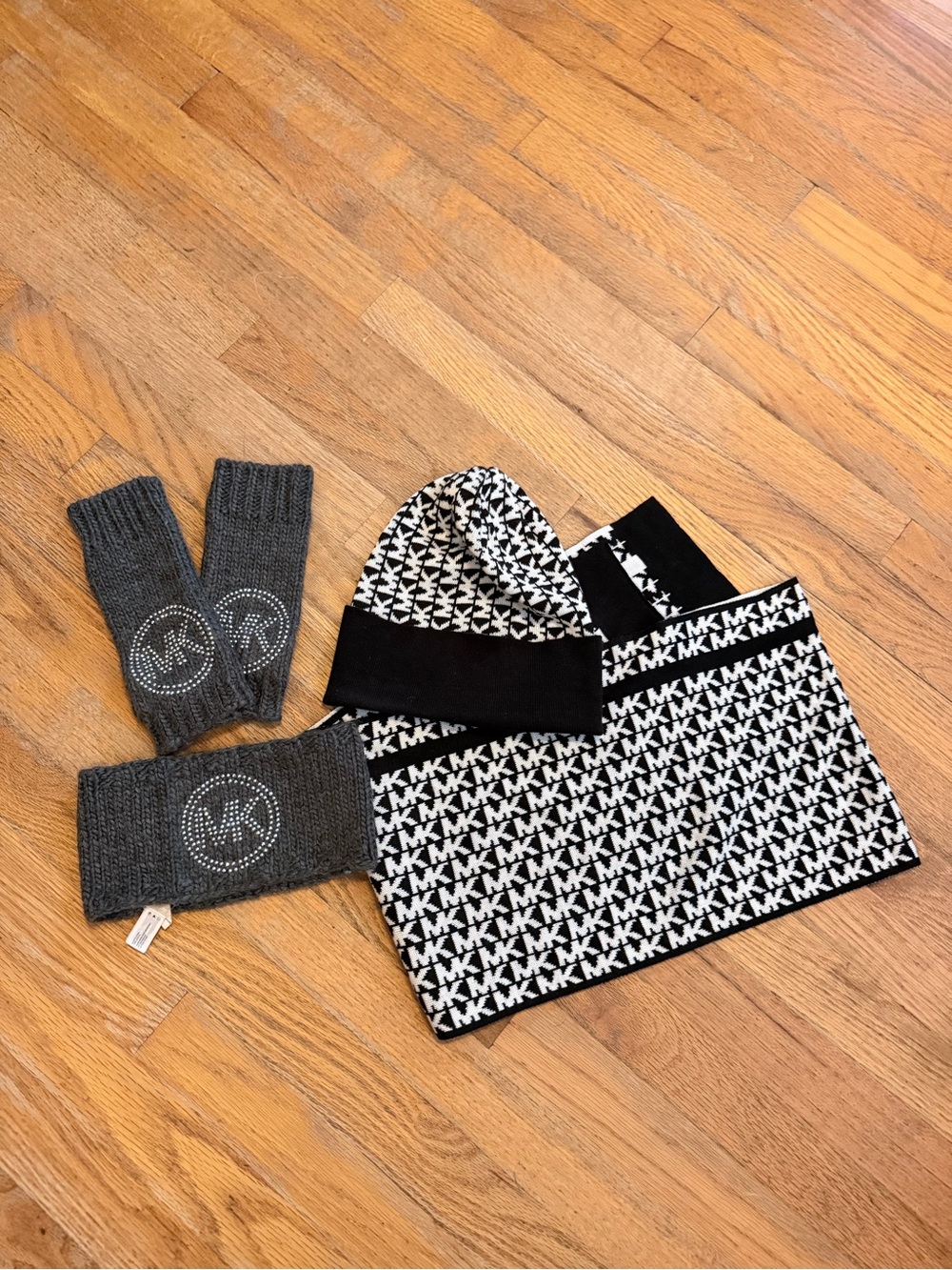 Michael Kors Black & White MK Logo Hat, Scarf & Grey Sparkle Headband/Glove Set